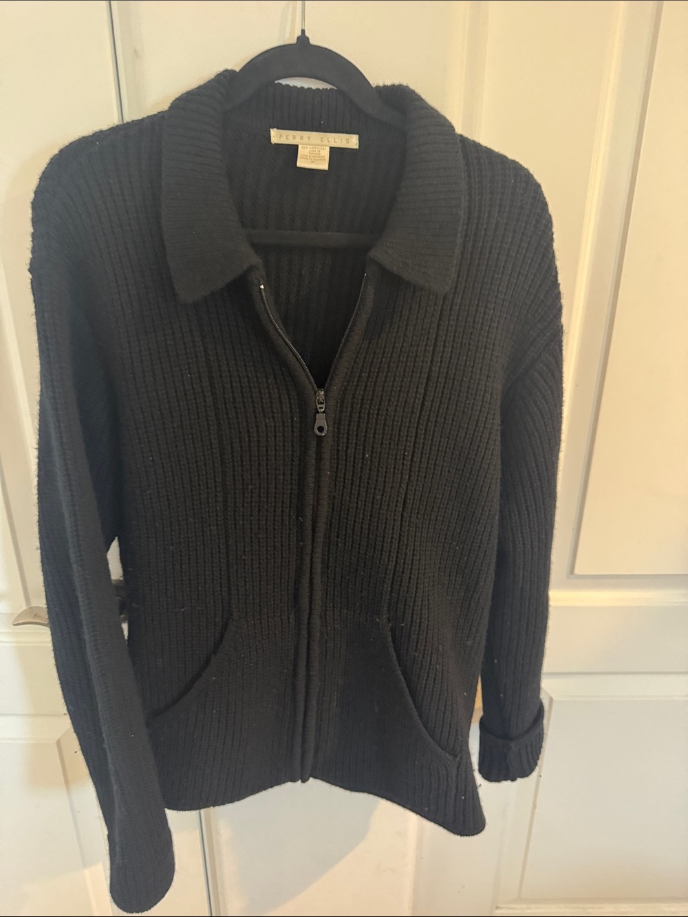 Perry Ellis Black Ribbed Zip-Front Cardigan